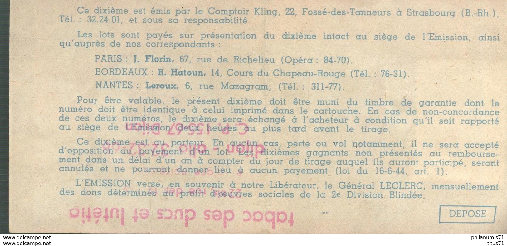 Billet De Loterie - 1/10ème Général Leclerc - 1959 - Comptoir Kling - Billets De Loterie