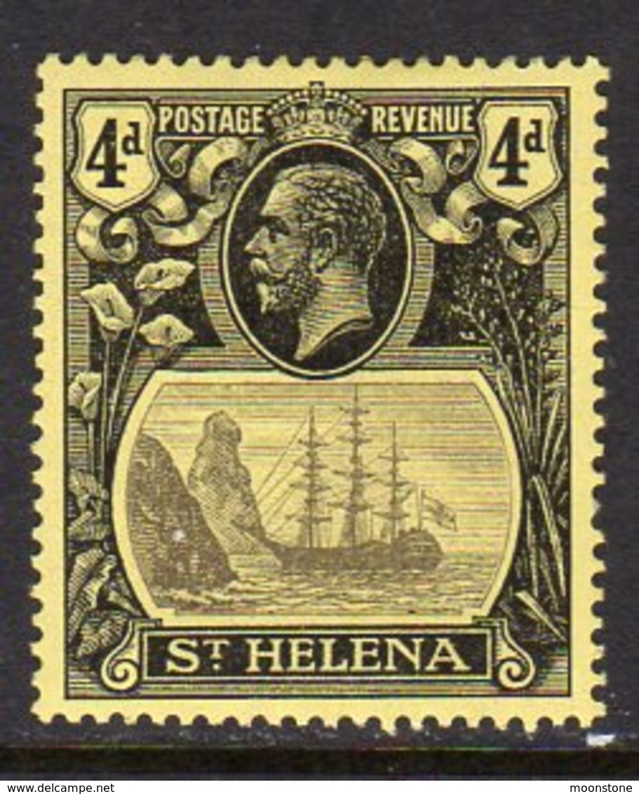St. Helena GV 1922-37 4d Grey & Black On Yellow 'Ship & Rock' Definitive, Wmk. Crown CA, Hinged Mint, SG 92 - Saint Helena Island