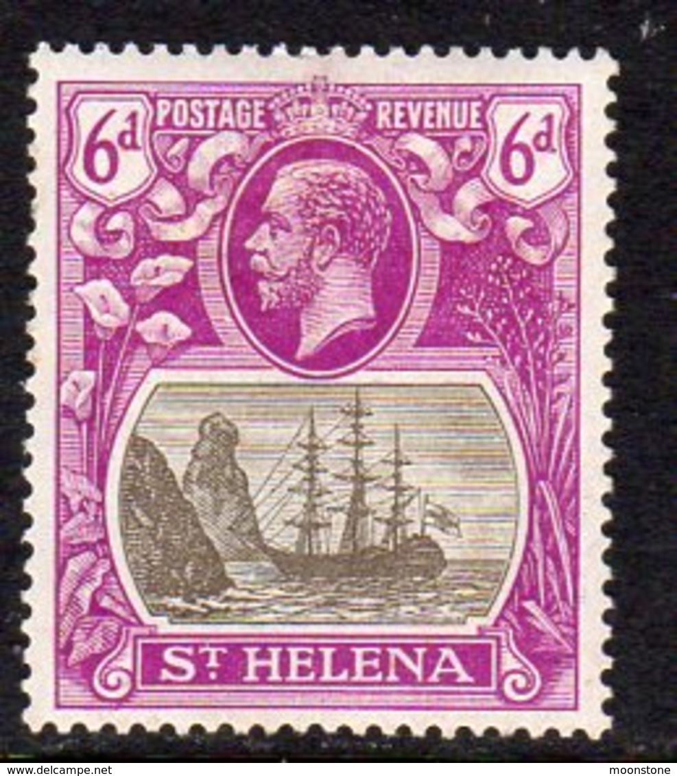 St. Helena GV 1922-37 6d Grey & Purple 'Ship & Rock' Definitive, Wmk. Script CA, Hinged Mint, SG 104 - St. Helena