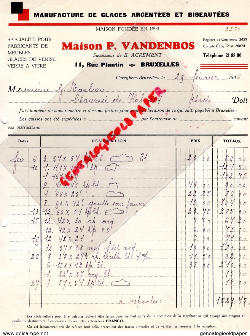 BELGIQUE-BRUXELLES- RARE FACTURE MAISON P. VANDENBOS-MANUFACTURE GLACES ARGENTEES BISEAUTEES-E. ACREMENT-1936 - Ambachten