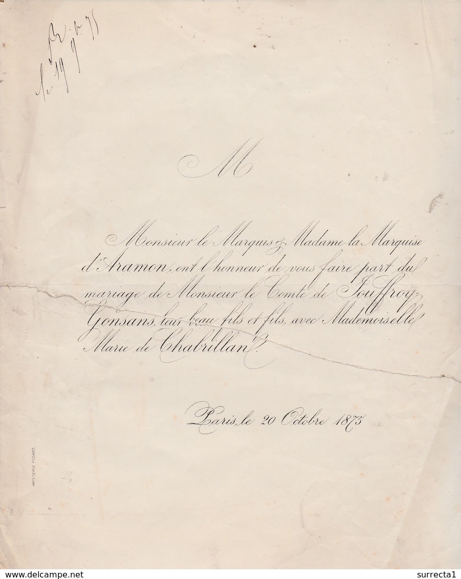 Faire-part Mariage 1875 / Marquis & Marquise D' Aramon / Comte De Jouffroy-Gonsans Avec Marie De Chabrillan / 75 Paris - Hochzeit