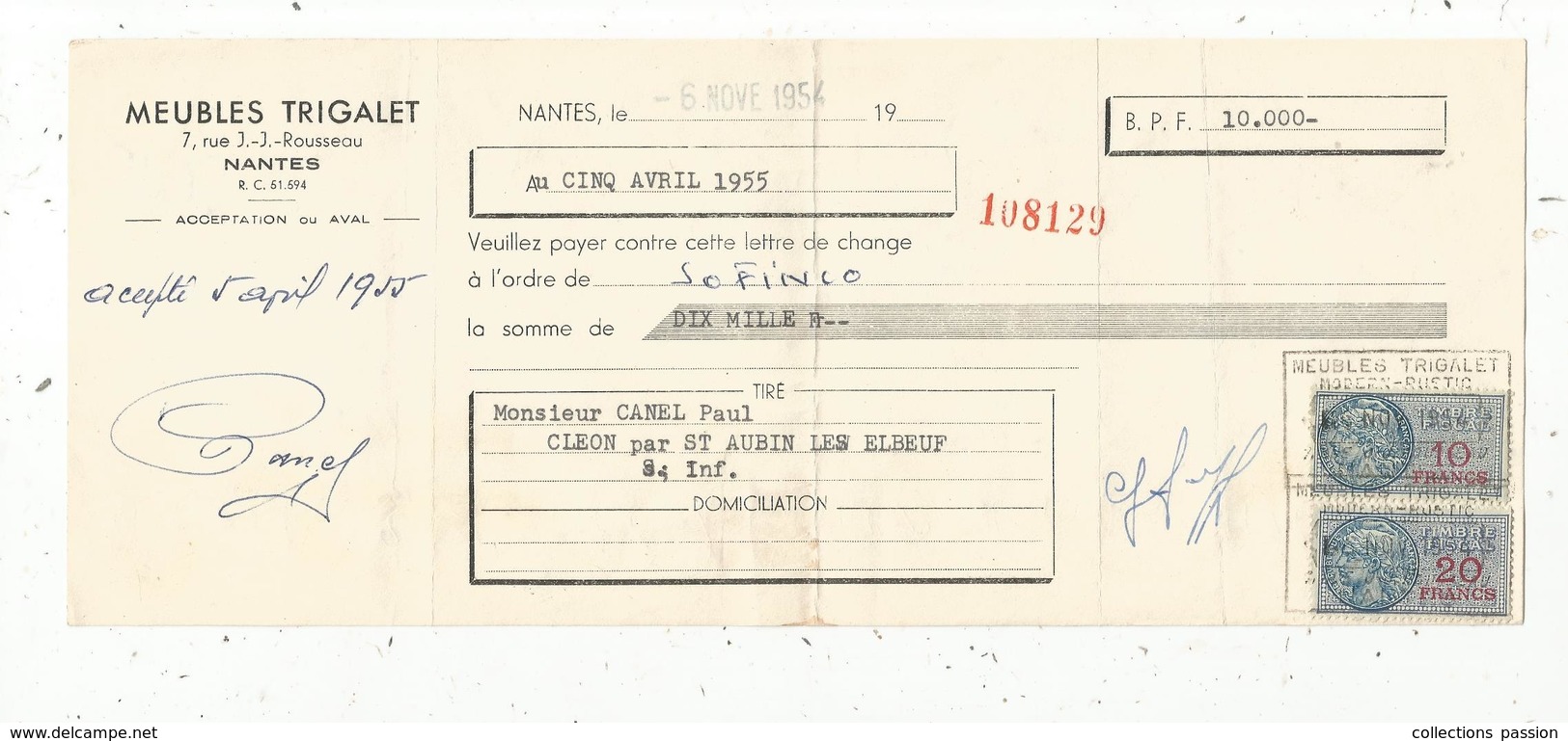 Lettre De Change,  MEUBLES TRIGALET ,  NANTES ,  1954 , Frais Fr 1.45 E - Bills Of Exchange