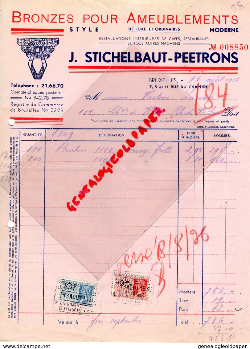 BELGIQUE-BRUXELLES- RARE FACTURE J. STICHELBAUT - PEETRONS-BRONZES AMEUBLEMENTS-BRONZE-7 RUE CHAPITRE -1936 - Artigianato