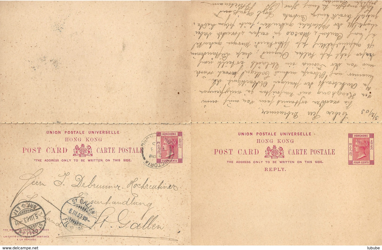 Post Card With Reply  Victoria Hong Kong - St.Gallen             1903 - Briefe U. Dokumente