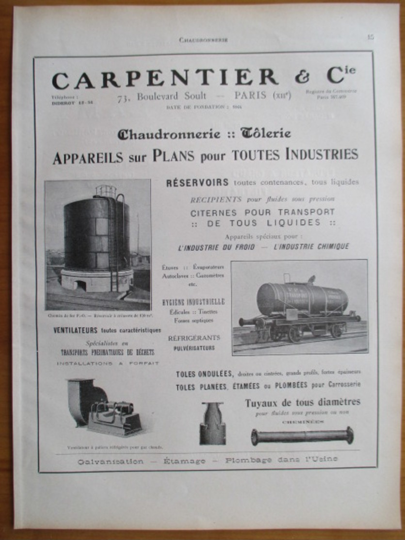 1926 - Réservoir  Chemin De Fer & Wagon Citerne CARPENTIER & Cie   - Page Originale ARCHITECTURE INDUSTRIELLE - - Machines