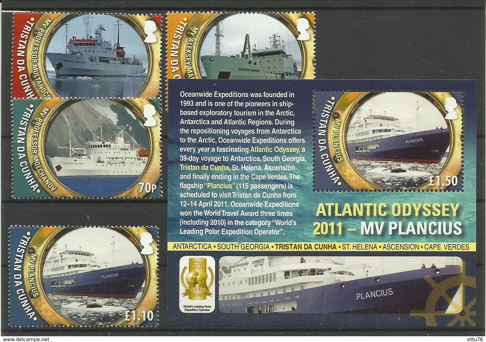 TRISTAN DA CUNHA, 2011  ATLANTIC ODYSSEY,SHIPS SET & MS MNH - Ships