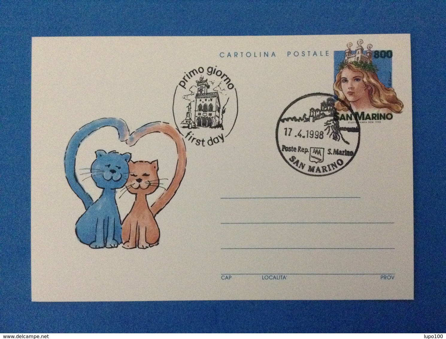 1998 SAN MARINO CARTOLINA POSTALE USATA FDC LIBERTA' GATTO 800 - Ganzsachen