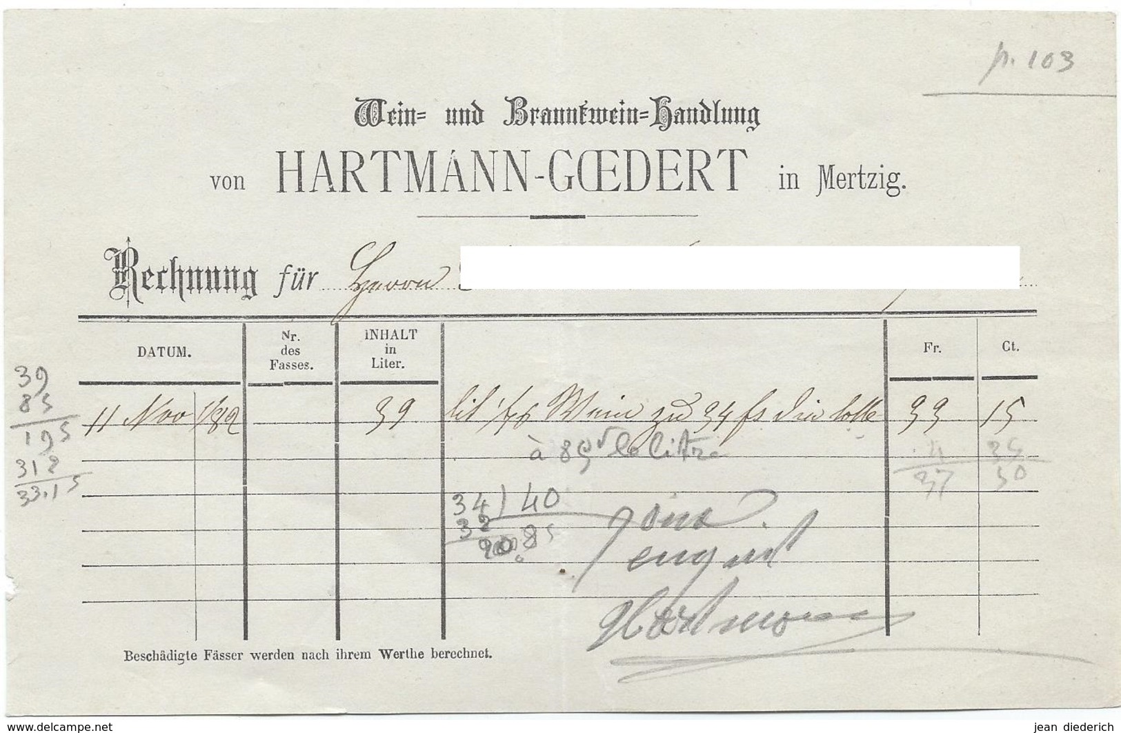 Mertzig - Rechnung Wein= Und Branntwein Handlung Hartmann-Goedert (11-11-1882) - Luxembourg