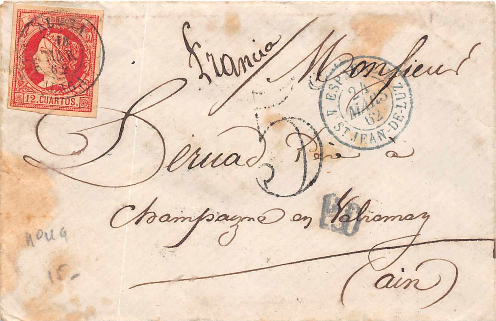 ESPAGNE 1862  -  Cachet  ESP 4 Saint Jean De Luz + TIMBRE 12 CUARTOS - Machines à Affranchir (EMA)