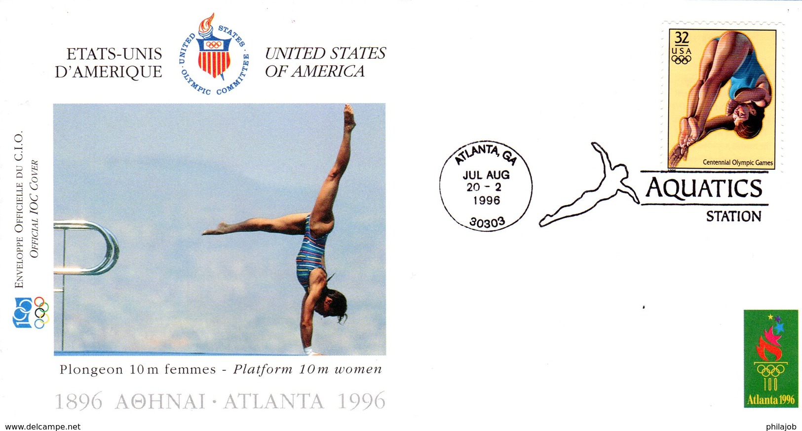 " J.O. ATLANTA / USA 1996 : PLONGEON "  Sur Enveloppe 1er Jour De 21 Cm X 11 Cm. Parfait état. FDC - Plongeon