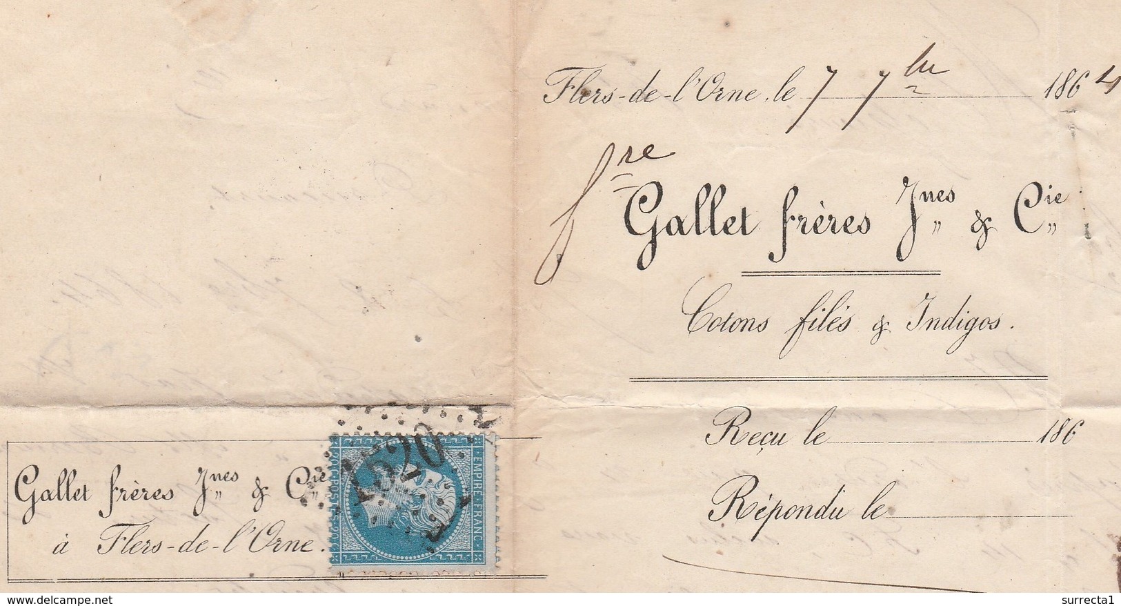 Facture 1864 / GALLERT Frères / Cotons Filés Et Indigo / 60 Flers De L' Orne / Cachet Losange GC 1520 - 1849-1876: Période Classique