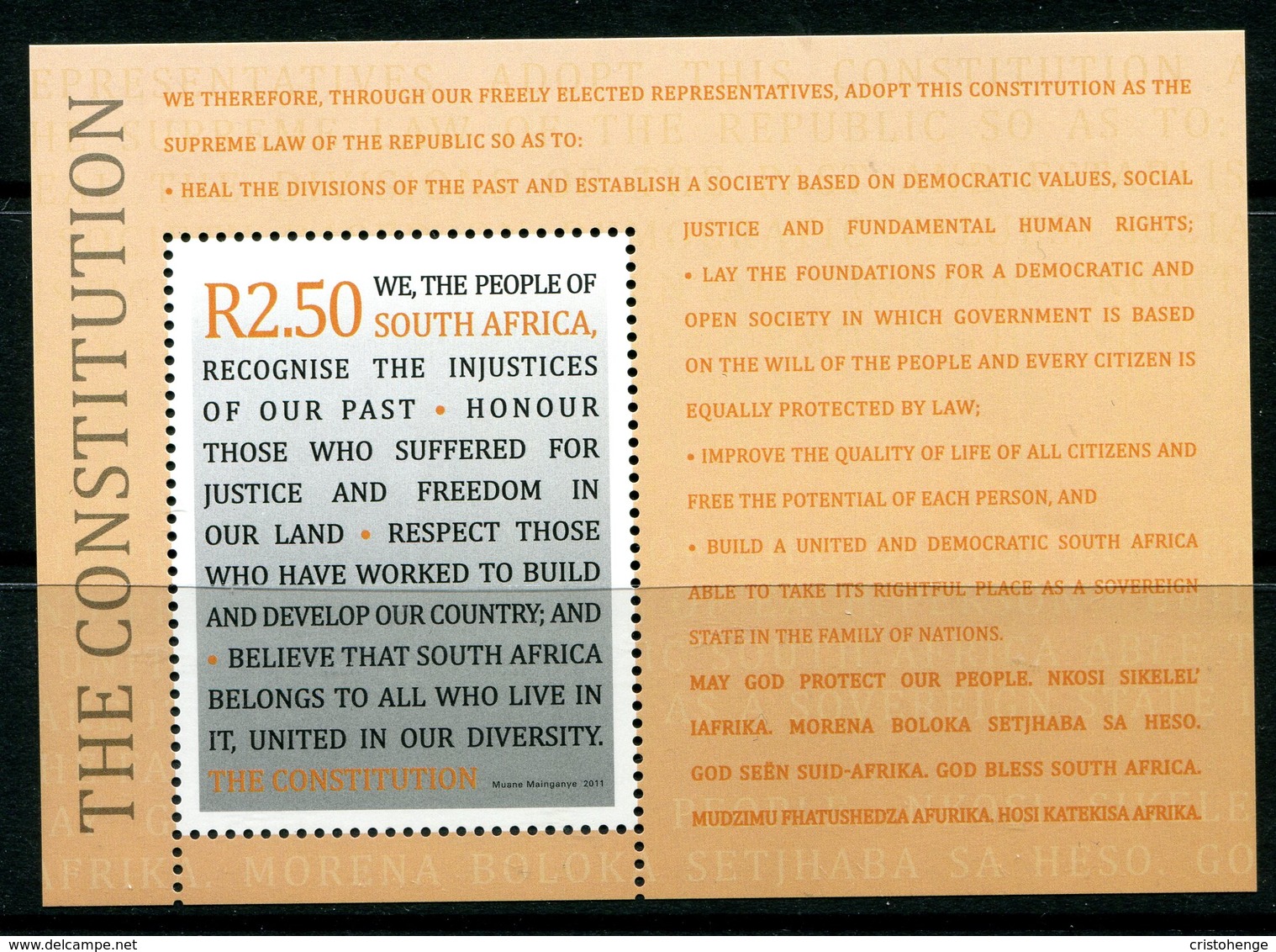 South Africa 2011 Honouring The Constitution MS MNH (SG MS1887) - Neufs
