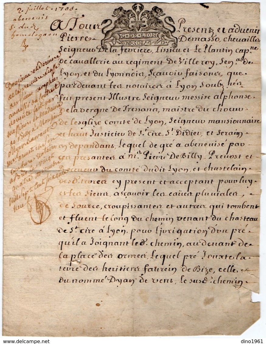 VP13.454 - LYON - Acte De 1700 - Mgr P. De MASSO De LA FERRIERE , De LISSIEU & Du PLANTIN Capitaine Au Rgt De VILLEROY - Cachets Généralité