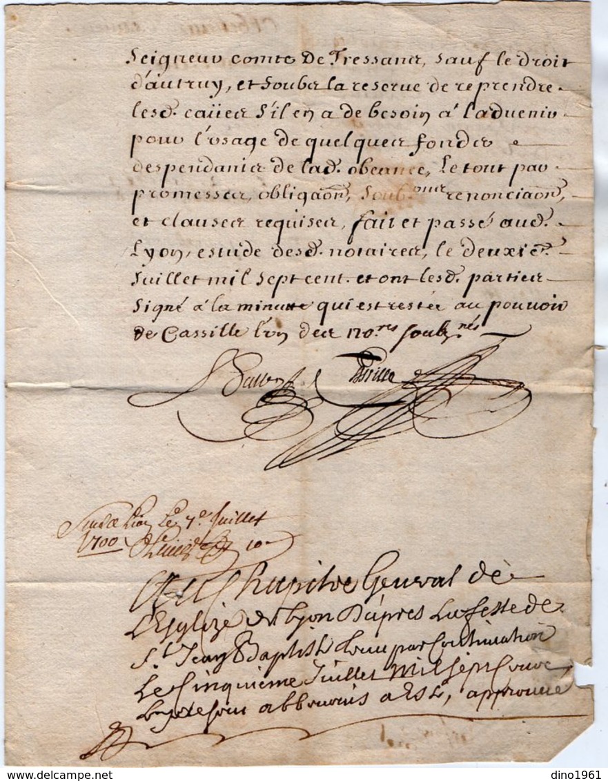 VP13.454 - LYON - Acte De 1700 - Mgr P. De MASSO De LA FERRIERE , De LISSIEU & Du PLANTIN Capitaine Au Rgt De VILLEROY - Seals Of Generality