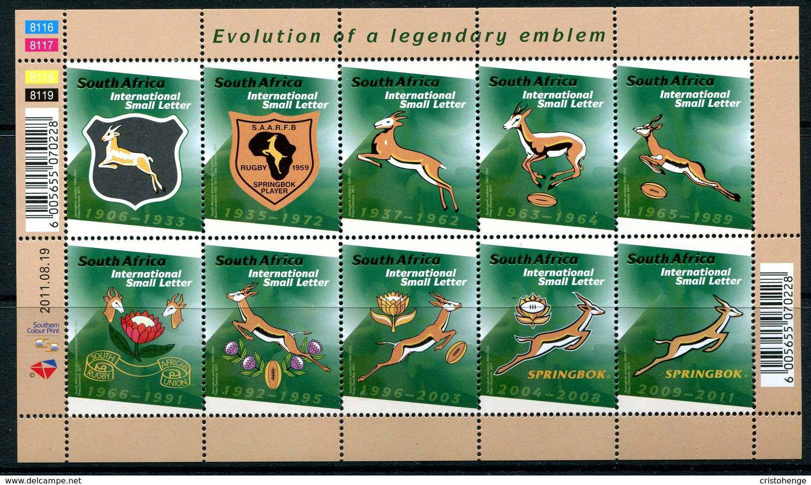 South Africa 2011 Evolution Of The Springbok Emblem Sheetlet MNH (SG 1904-1913) - Unused Stamps