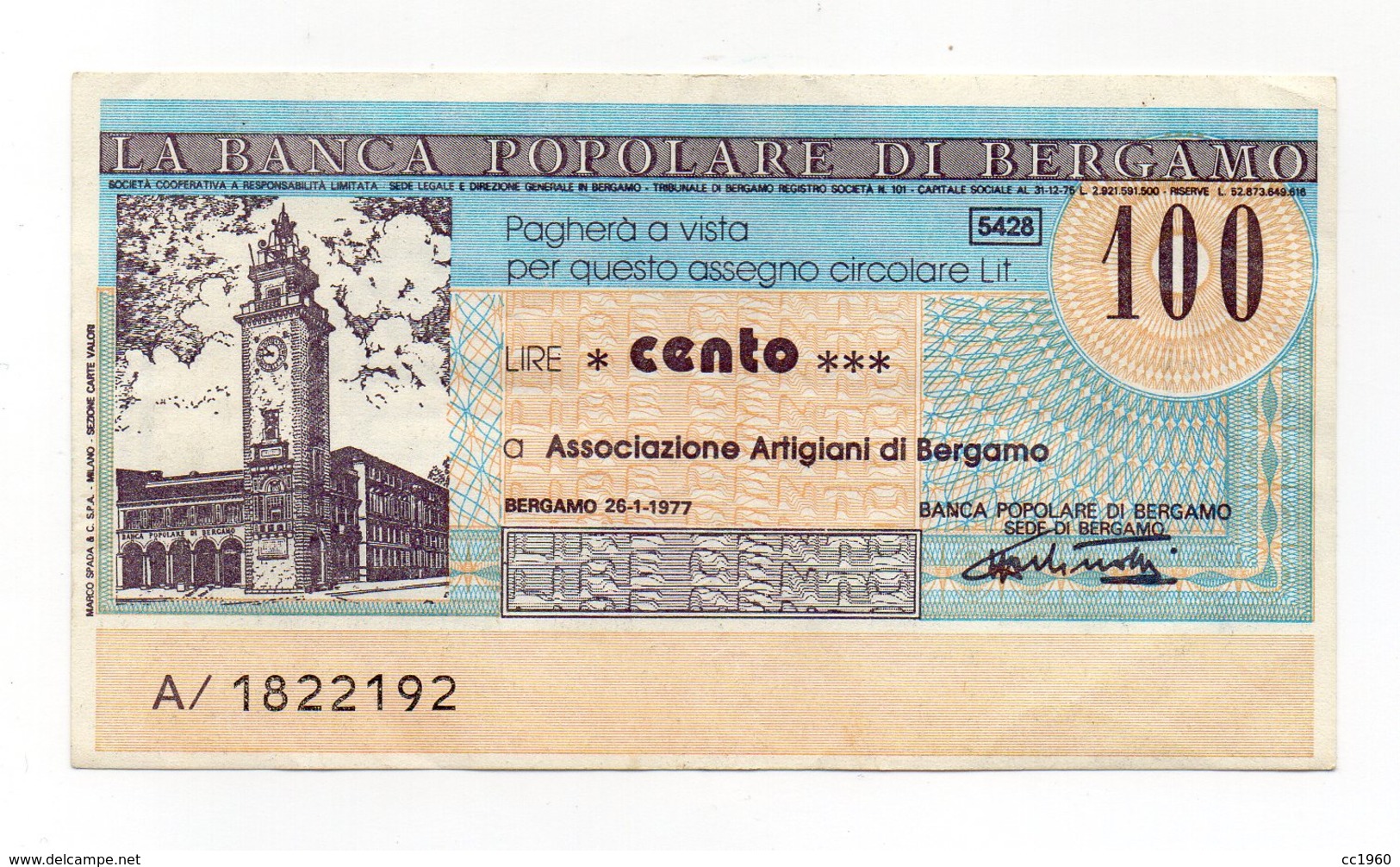 Italia - Miniassegno Da Lire 100 Emesso Dalla Banca Popolare Di Bergamo Nel 1977 - (FDC13018) - [10] Assegni E Miniassegni