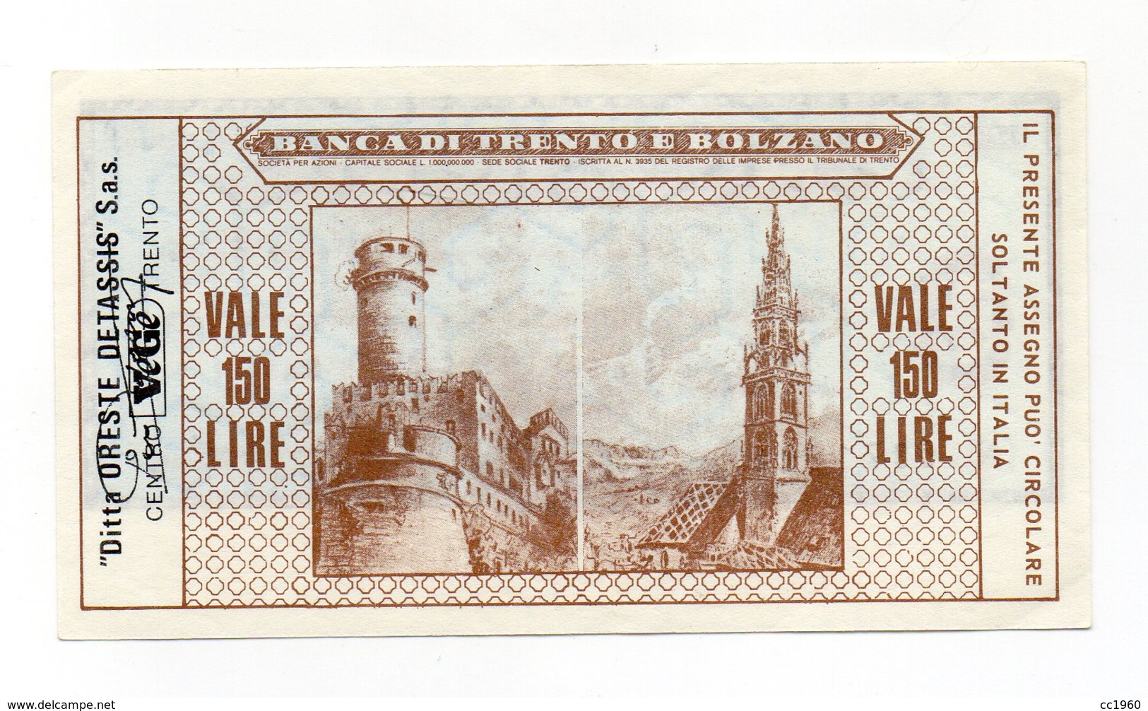 Italia - Miniassegno Da Lire 150 Emesso Dalla Banca Di Trento E Bolzano Nel 1977 - (FDC13019) - [10] Assegni E Miniassegni