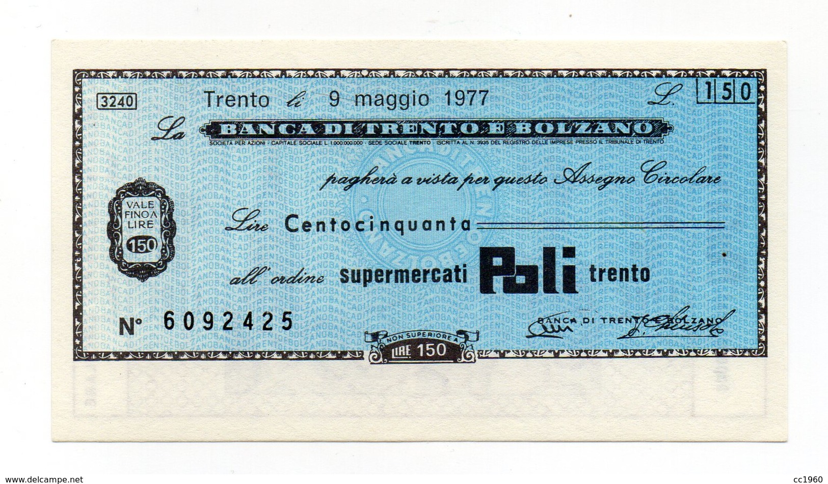 Italia - Miniassegno Da Lire 150 Emesso Dalla Banca Di Trento E Bolzano Nel 1977 - (FDC13020) - [10] Assegni E Miniassegni