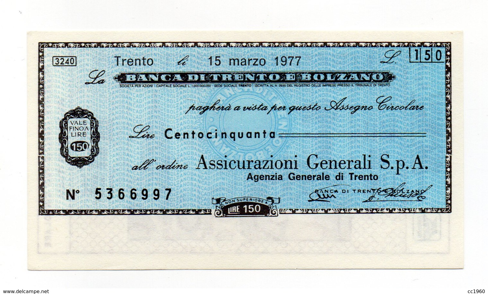 Italia - Miniassegno Da Lire 150 Emesso Dalla Banca Di Trento E Bolzano Nel 1977 - (FDC13021) - [10] Assegni E Miniassegni