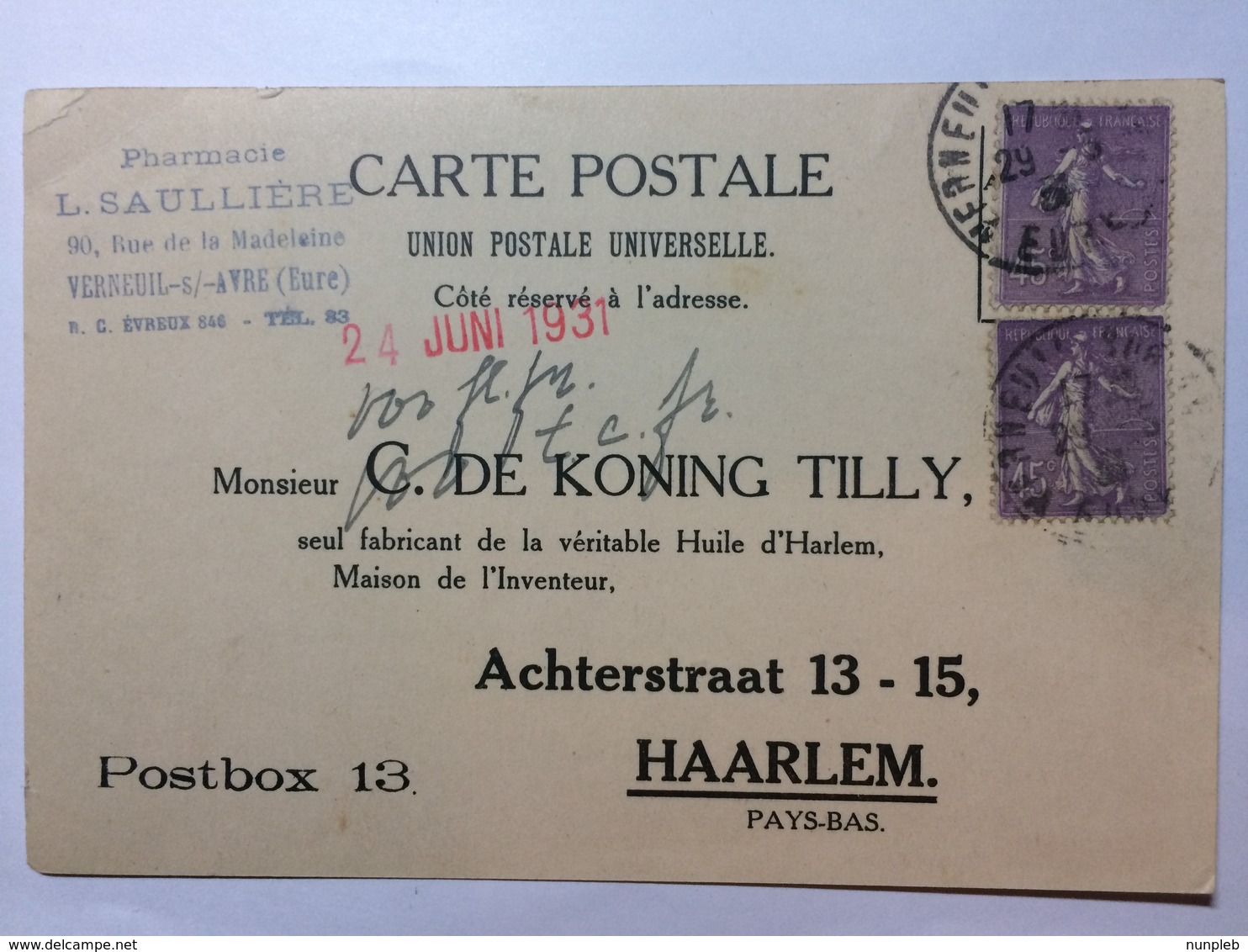 FRANCE 1931 Postcard - To Haarlem - C.de Koning Tilly - Harlemensis Illustration - Andere & Zonder Classificatie