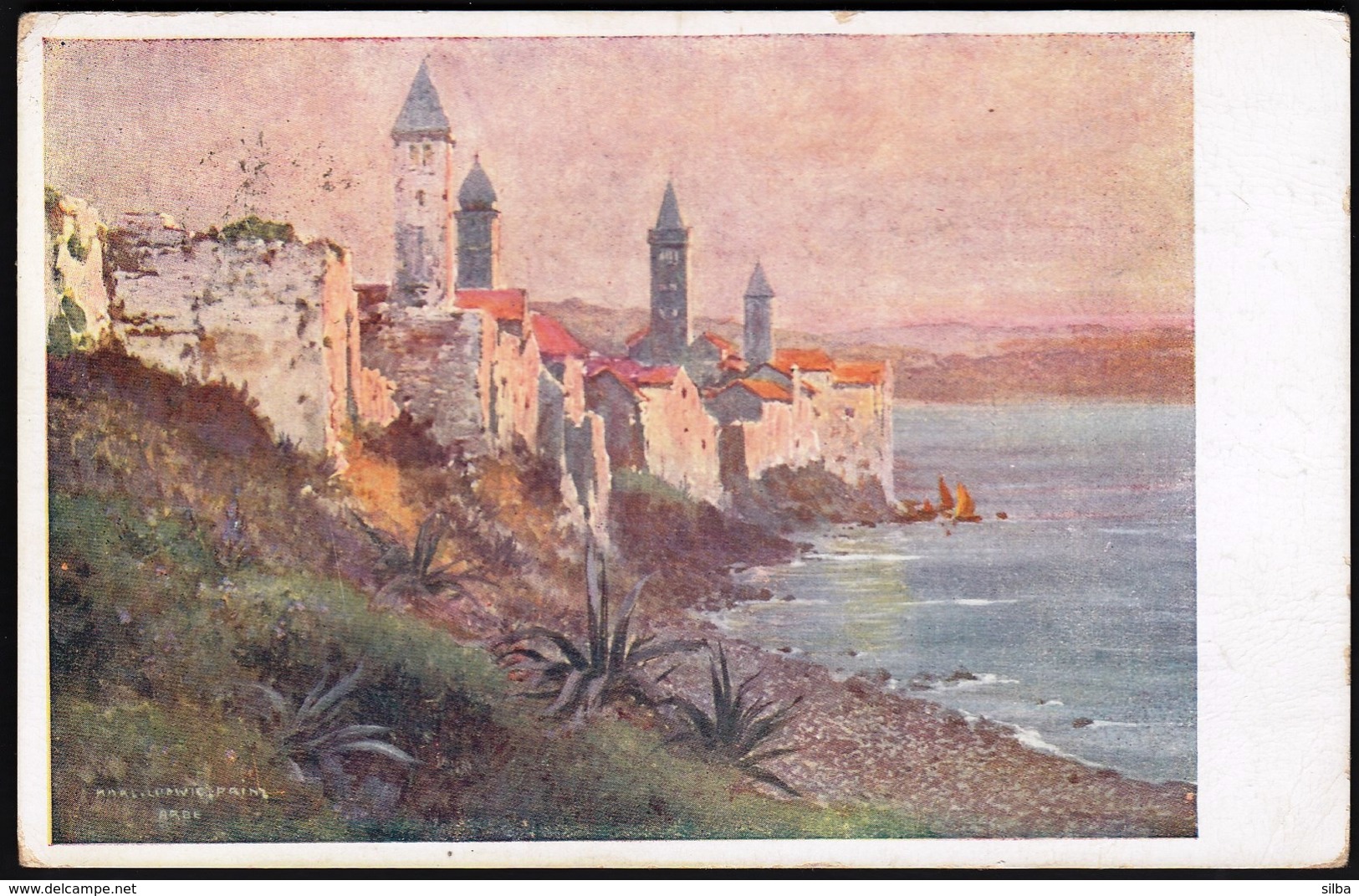 Croatia Rab, Arbe 1914 / Panorama, Obala, Church, Agave / Painting, Art / Karl Ludwig / Kalophot A71 - Croatia