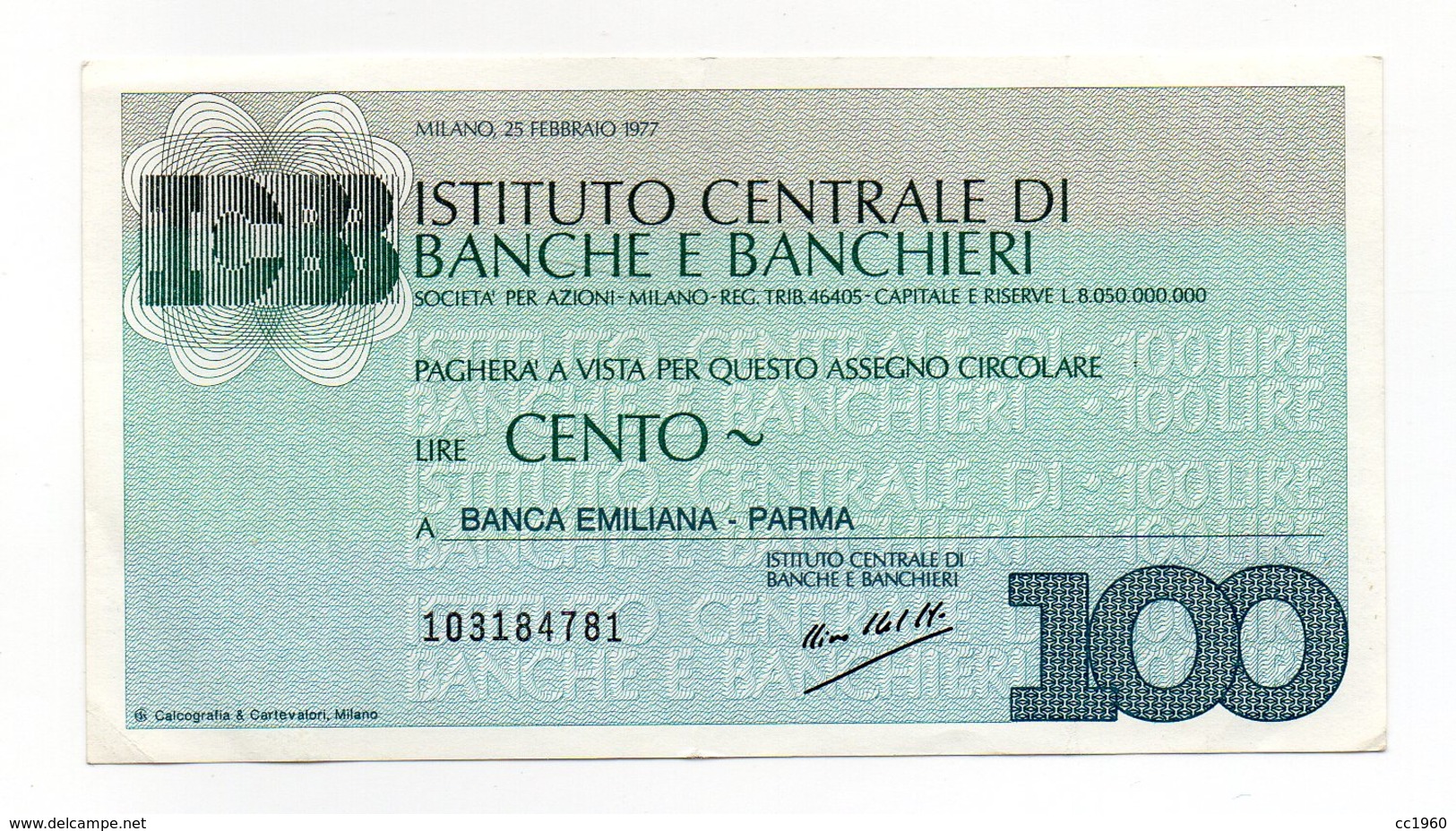 Italia - Miniassegno Da Lire 100 Emesso Dall' Istituto Centrale Di Banche E Banchieri Nel 1977 - (FDC13022) - [10] Assegni E Miniassegni