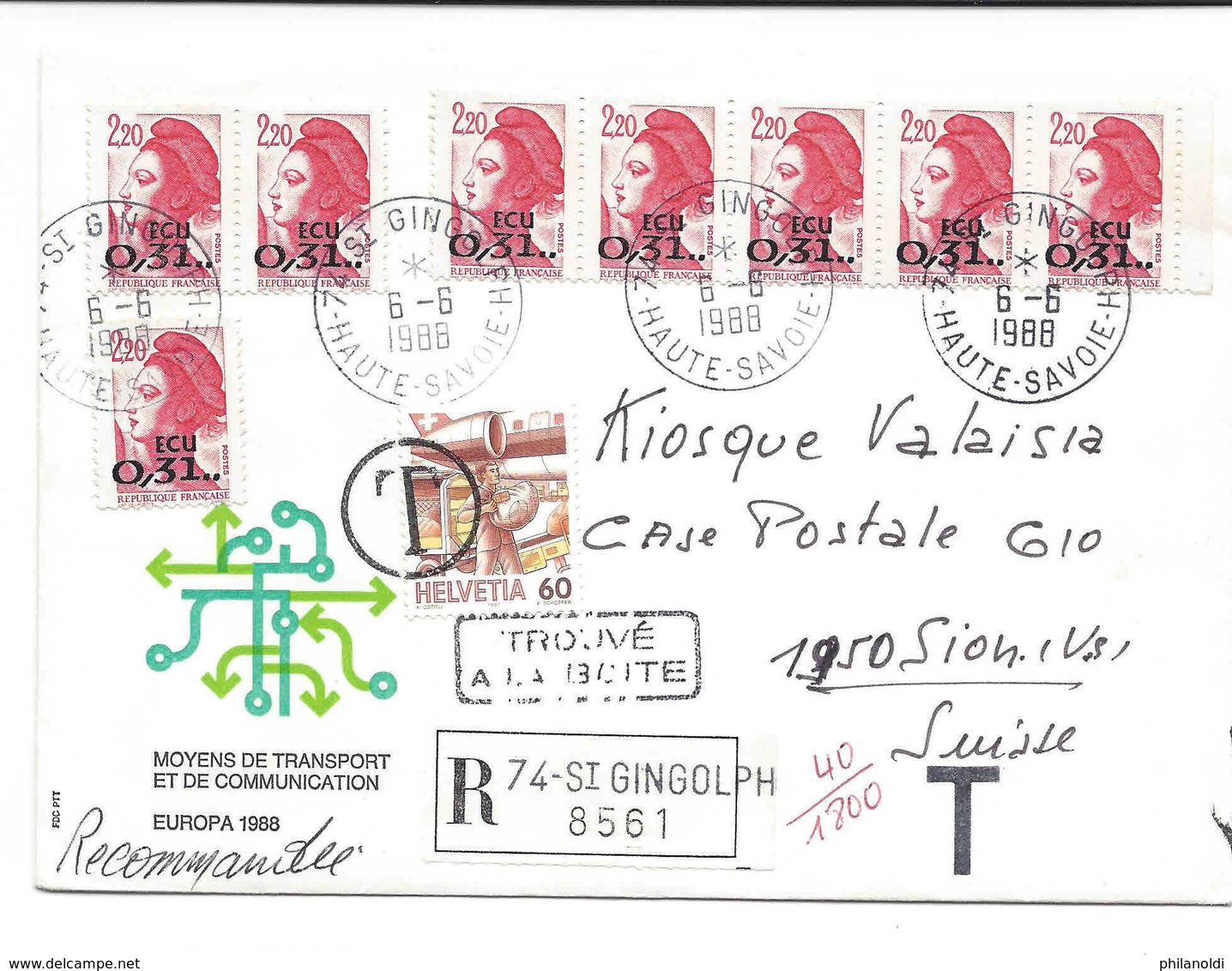 Taxée, France, St-Gingolph Lettre Reco 1988, 8 X Marianne 2,20 Surchargée ECU 0,31, Taxée à Sion Suisse, Timbre 60 Cent. - 1982-1990 Liberté (Gandon)