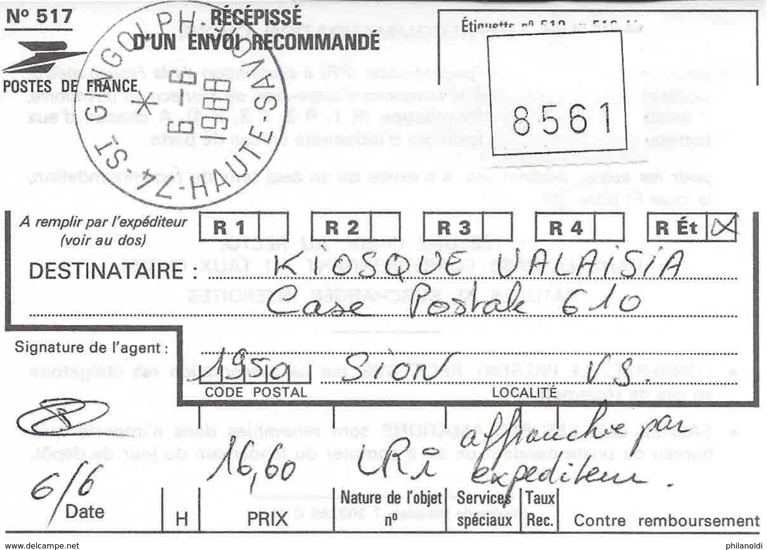 Taxée, France, St-Gingolph Lettre Reco 1988, 8 X Marianne 2,20 Surchargée ECU 0,31, Taxée à Sion Suisse, Timbre 60 Cent. - 1982-1990 Liberté (Gandon)