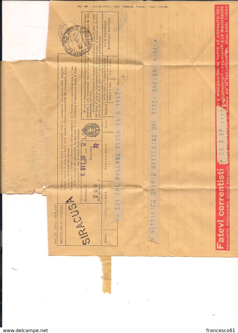 $3-5782 Colonie Libia Telegramma Tripoli 1939 Siracusa 2 Annnulli Direzione Servizi Elettrici - Corrispondenze E Pacchi - Storia Postale