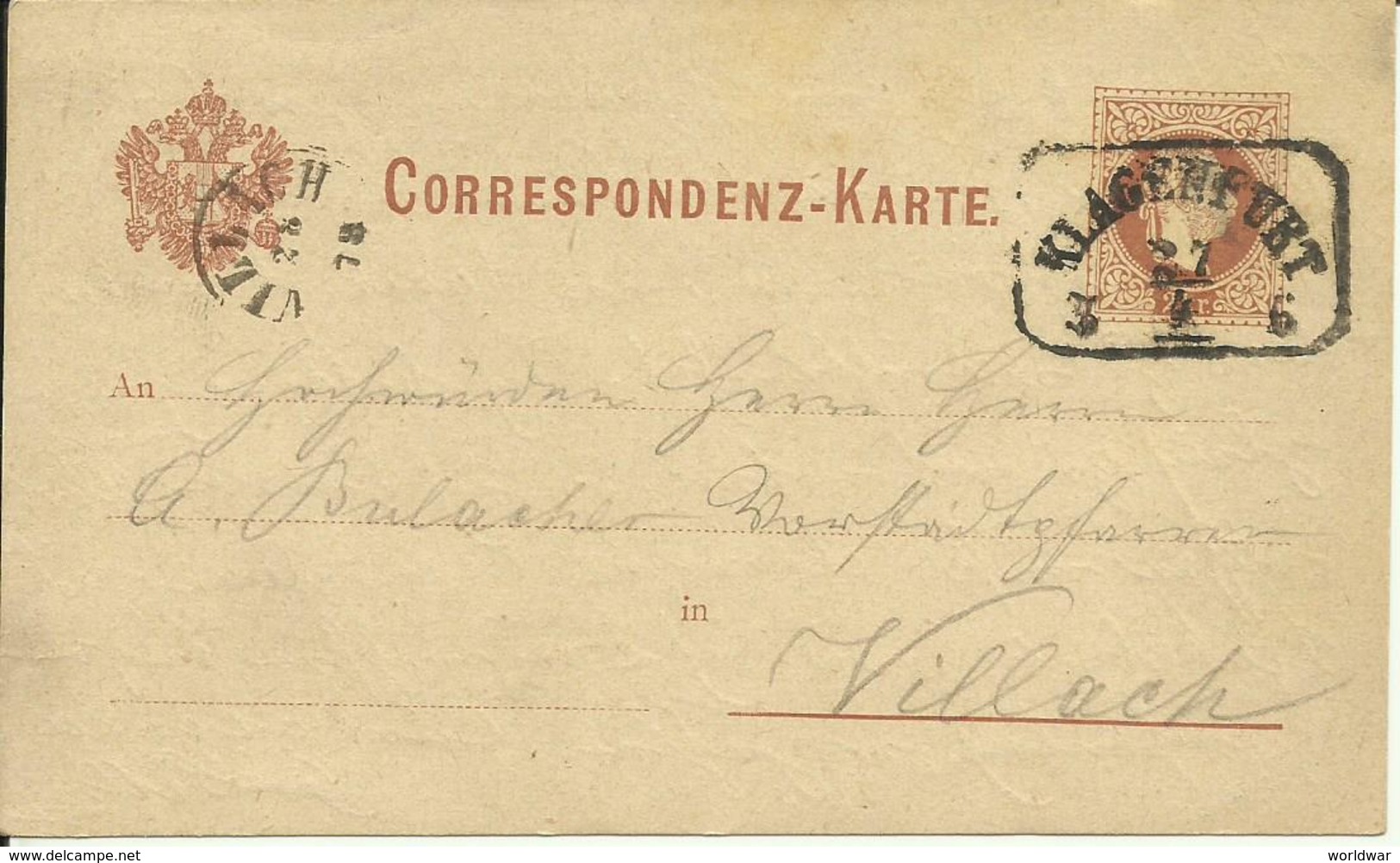 1878  2 Kr Postkarte Von Klagenfurt (Rechteck) Nach Villach - Autres & Non Classés