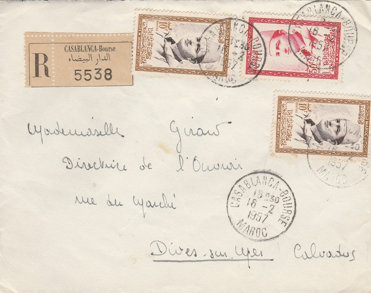 LSC 1957 - Recommandé Et Cachet CASABLANCA Bourse Sur Timbres / Au Dos Cachet Dives Sur Mer (Calvados) - Maroc (1956-...)