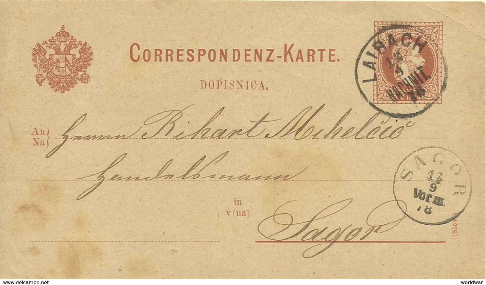 1878  2 Kr Postkarte (Illyrisch) Von Laibach (Ljubljana) Nach Sagor (Zagorje - Slovenia) - Autres & Non Classés