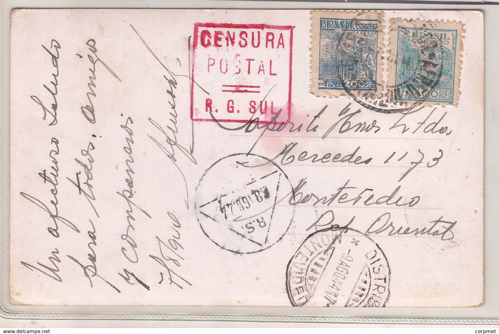 CLUB DO COMERCIO E EDIF IMPERIAL - 1944 To MONTEVIDEO - Vf CENSURA POSTAL Cancel At Back - Pub. Casa Do Amador - Porto Alegre