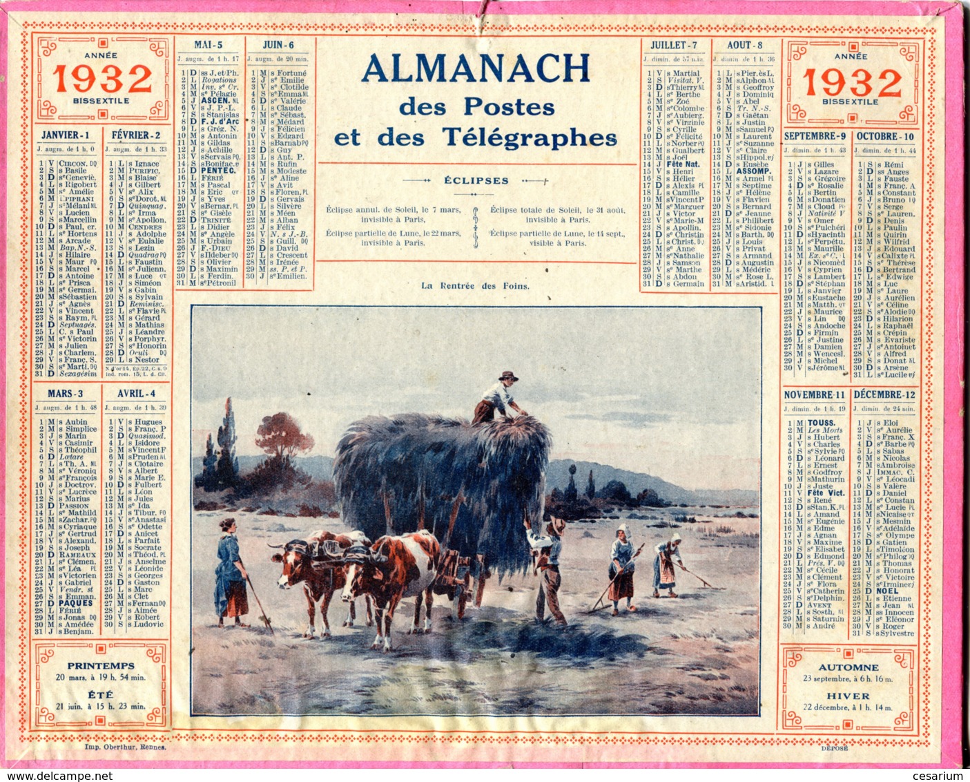 Almanach Postes Et Télégraphes 1932 Trés Bon état, Complet (3 Pages) - Grand Format : 1921-40