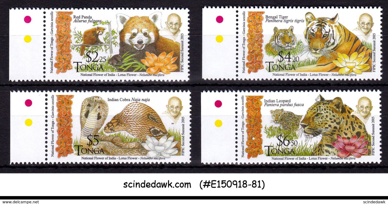 TONGA - 2015 GANDHI AND WILD ANIMALS OF INDIA - 4V - MINT NH - Tonga (1970-...)