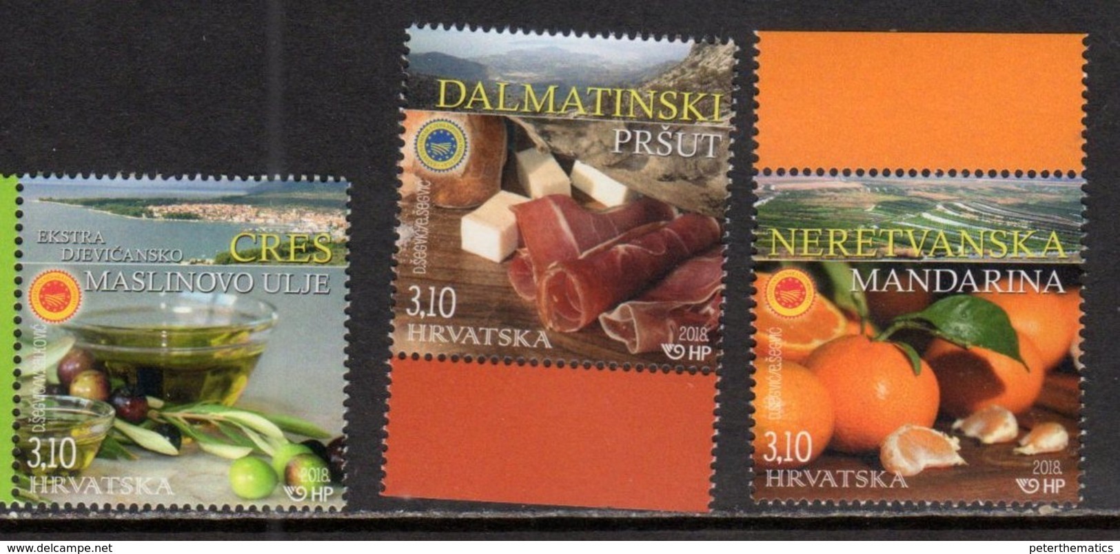 CROATIA , 2018, MNH,  PROTECTED CROATIAN AGRICULTURAL AND FOOD PRODUCTS, OLIVE OIL, MANDARINS, FRUIT, CHEESE, HAM, 3v - Fruits