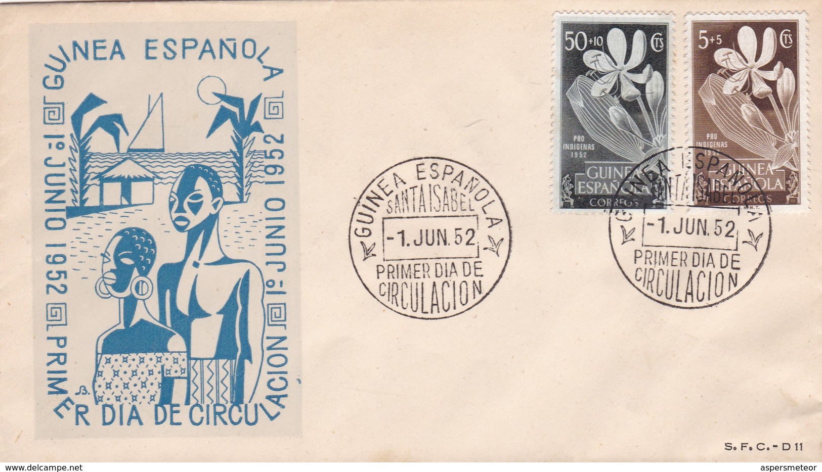 GUINEA ESPAÑOLA-FDC SANTA ISABEL 1952. 2 COLOR STAMP- BLEUP - Africa (Varia)