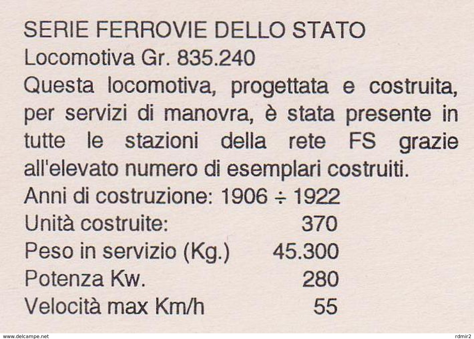 [875] FERROVIE DELLO STATO Italia / Italy. Locomotiva / Locomotive Gr. 835.240, 1906/1922. - Non Scritta. Non écrite. - Trenes