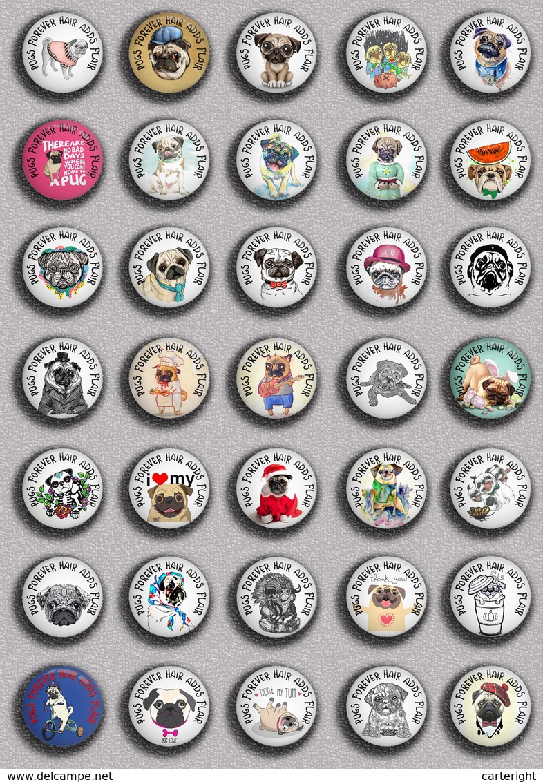 LOVE DOG Pug BADGE BUTTON PIN SET 5 (1inch/25mm Diameter) 35 DIFF - Tiere