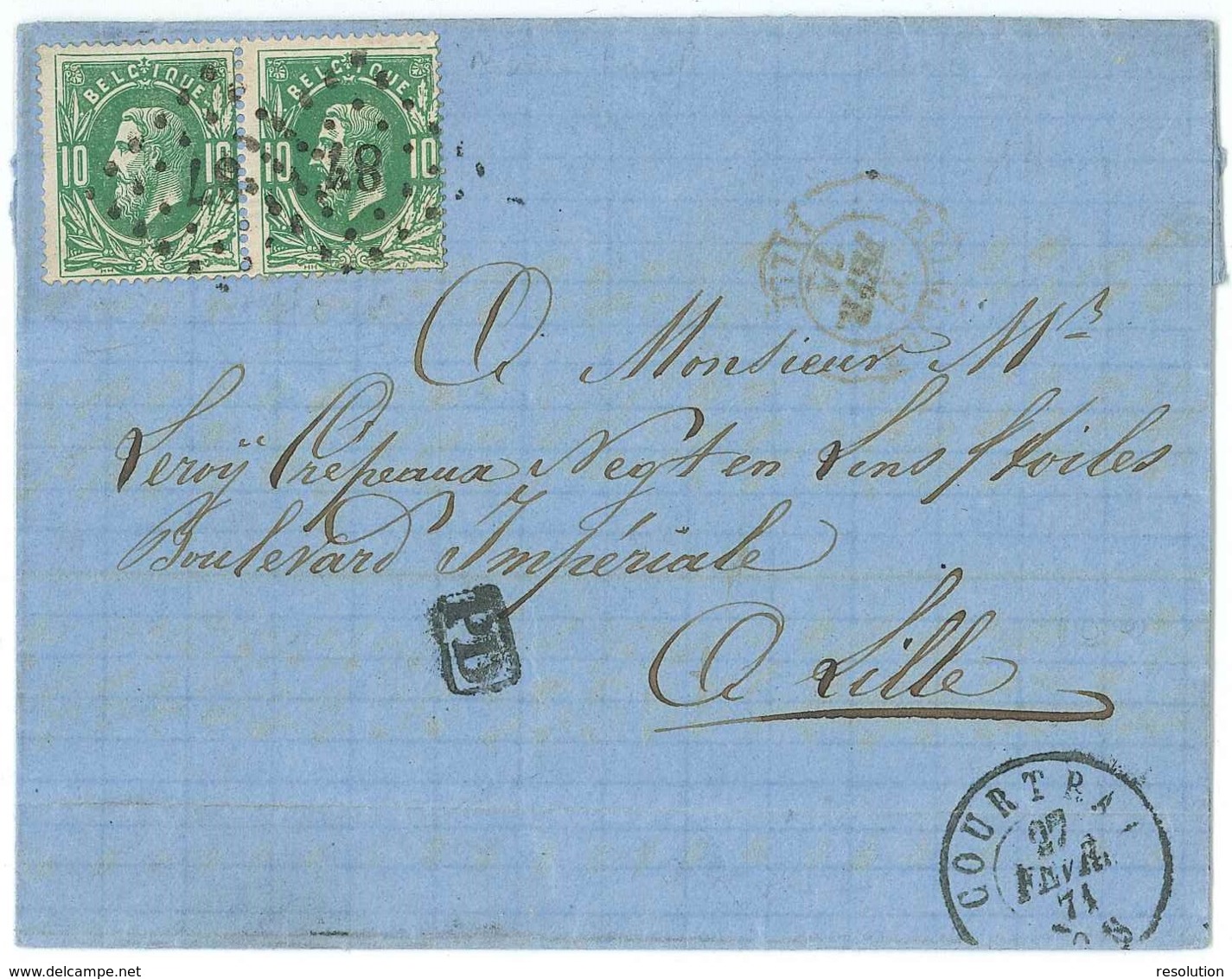 L. Affr. N°30 X2 Lpts 87 COURTRAI/1871 Pour Lille. Tarif Frontalier - 1869-1883 Leopold II