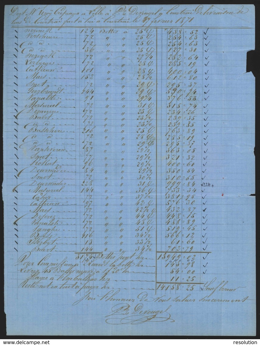 L. Affr. N°30 X2 Lpts 87 COURTRAI/1871 Pour Lille. Tarif Frontalier - 1869-1883 Léopold II