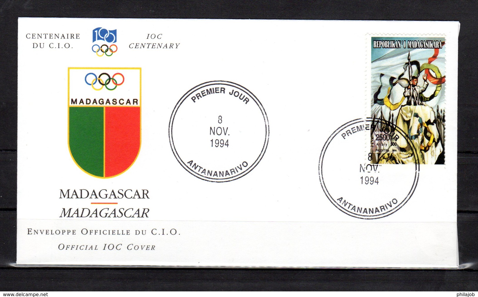 " J.O. 100 ANS DU CIO / DRAPEAU / MADAGASCAR "  Sur Enveloppe 1er Jour De 1994. Parfait état. FDC - Madagascar (1960-...)