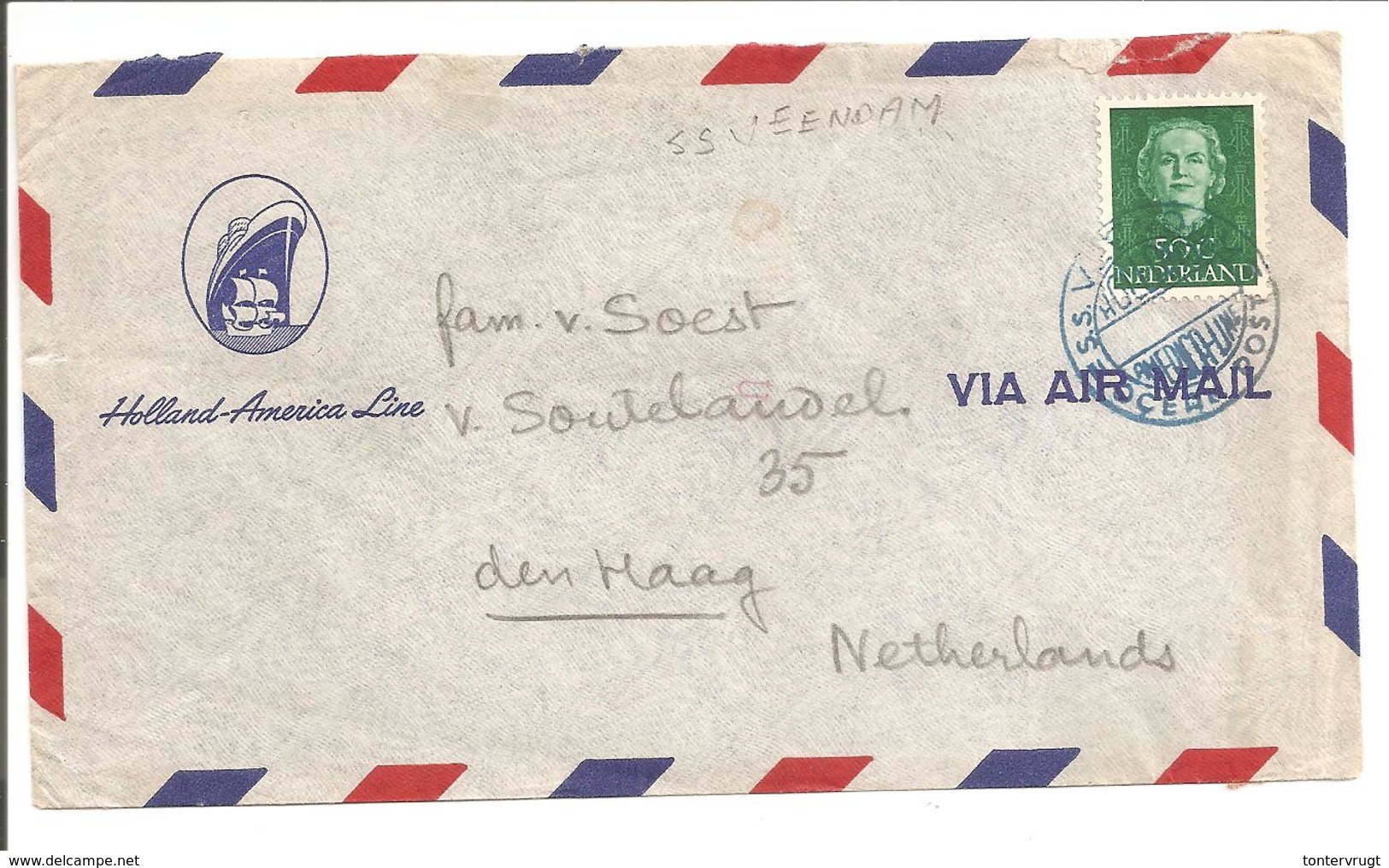 Scheepspost-Maritime Mail. OCEAN POST S.s.VEENDAM. Enface HC531 Enkel - Brieven En Documenten