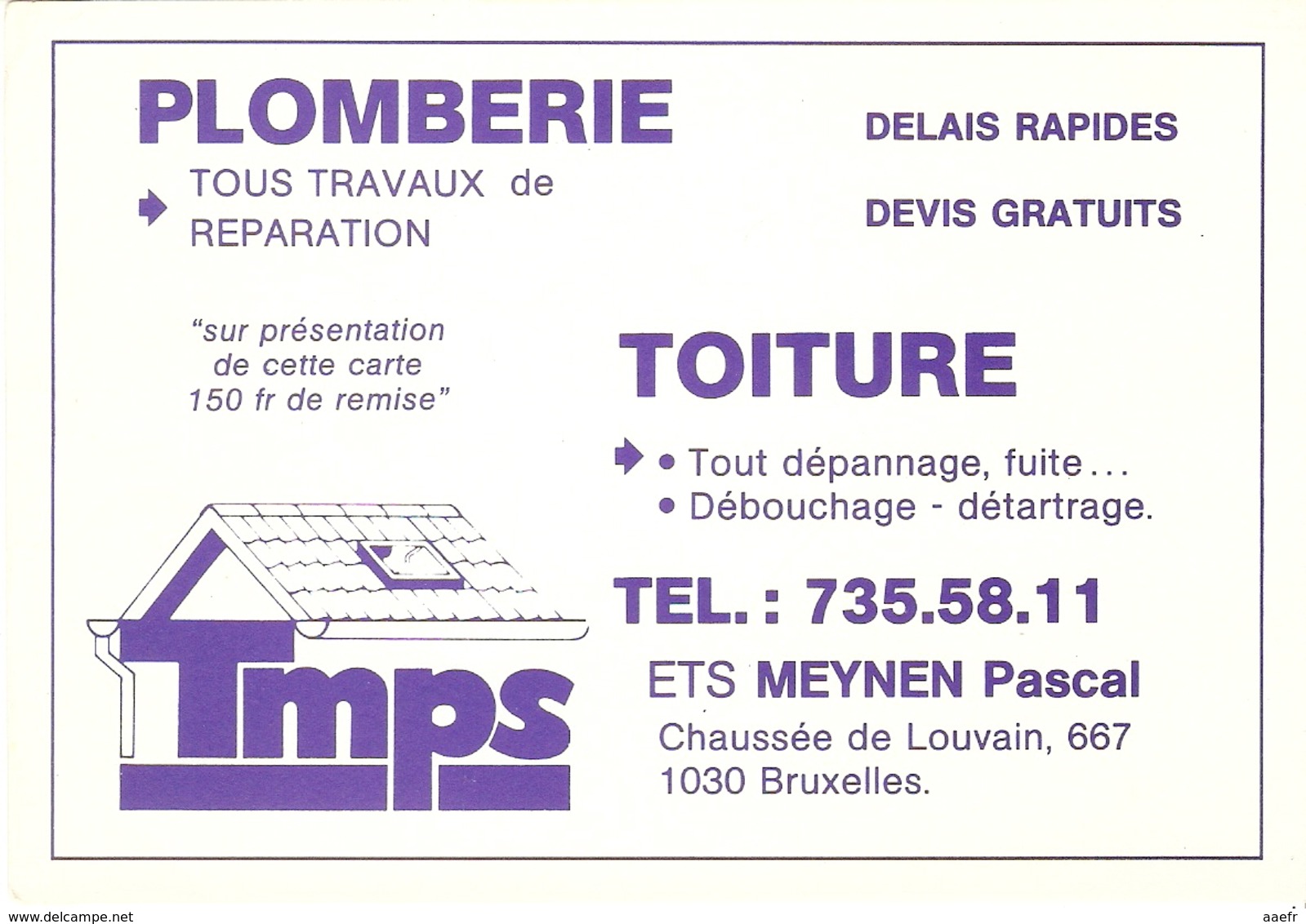 Publicité Plomberie - TMPS,  Ets Meynen à 1030 Bruxelles - 1980? - Petits Métiers