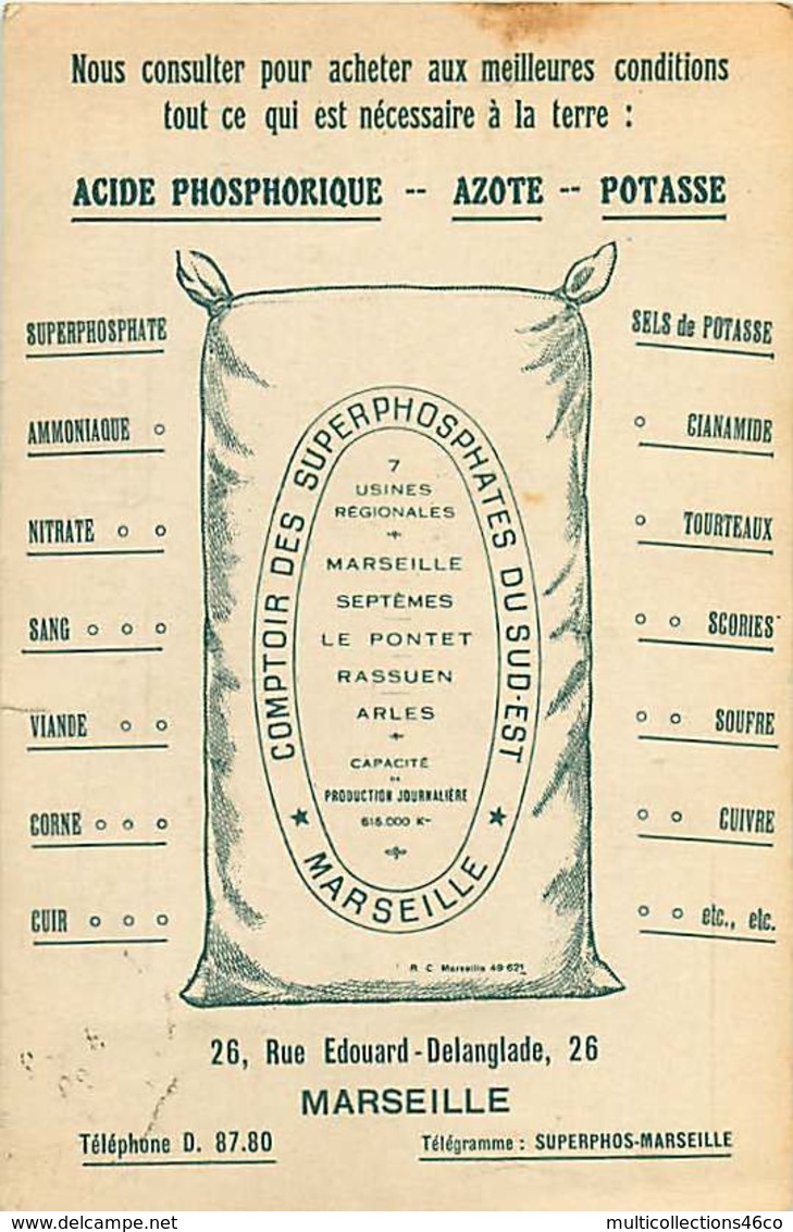 231118B - 13 MARSEILLE - Carte Publicitaire COMPTOIR DES SUPERPHOSPHATES DU SUD OUEST 26 Rue Edouard Delanglade - Petits Métiers