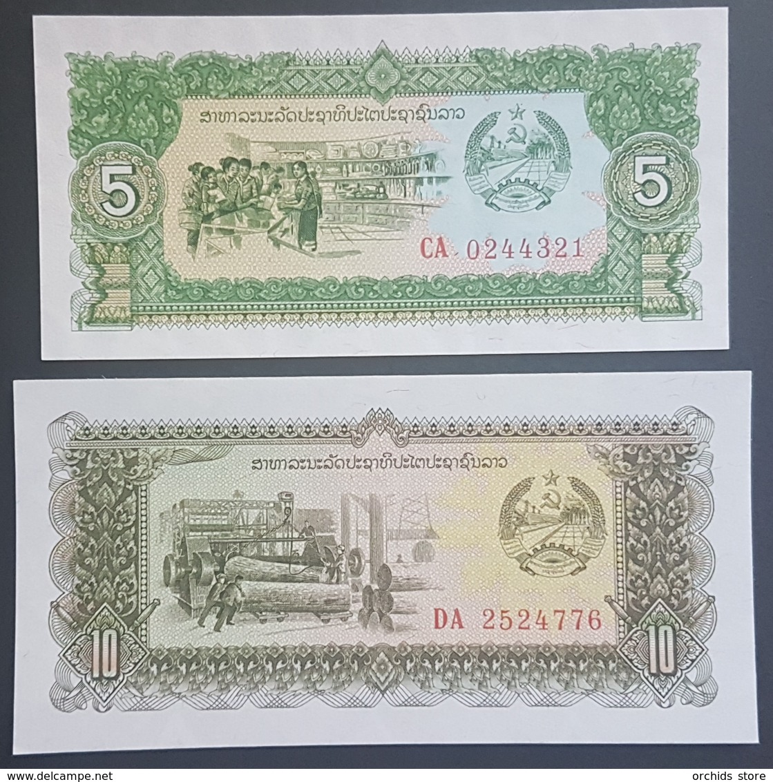 E11g2 - Laos 2 Banknotes, 1988 Issue, 5-10 Kip Both Replacement Notes P26r-27r, RRR, All UNC - Laos