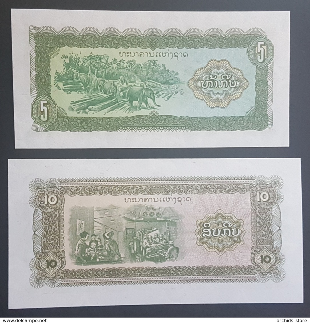E11g2 - Laos 2 Banknotes, 1988 Issue, 5-10 Kip Both Replacement Notes P26r-27r, RRR, All UNC - Laos