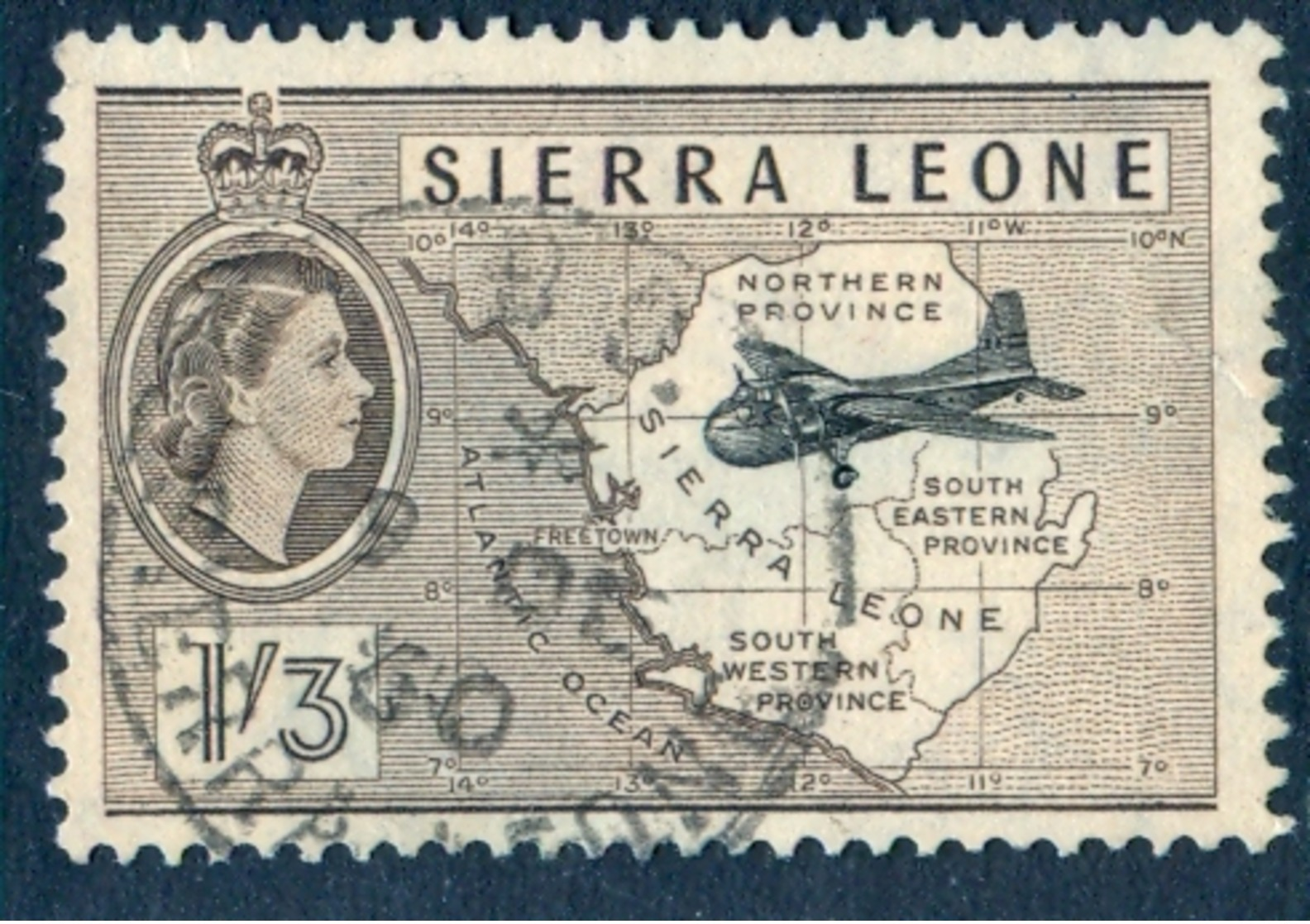 SIERRA LEONE 1956 QEII & MK 31 Aircraft And Map 1s.3d. Black And Sepia, VF Used, MiNr 184, SG 218 - Sierra Leona (1961-...)