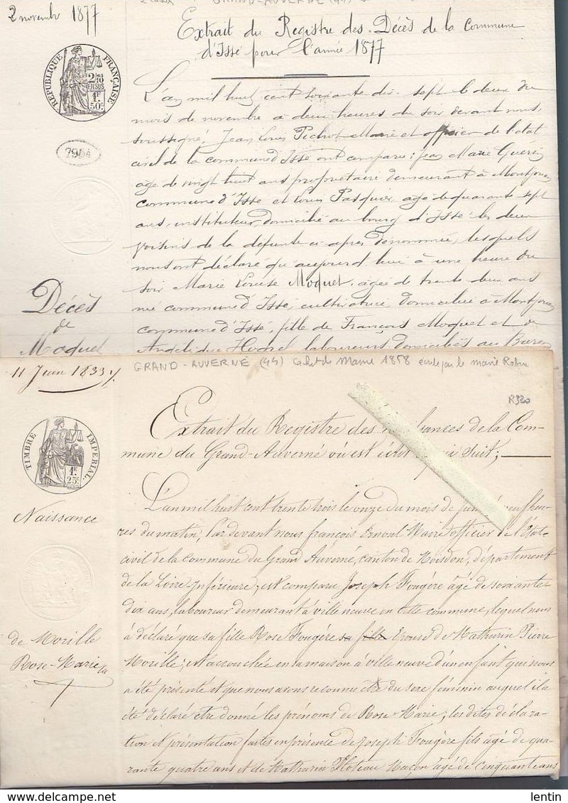 Grand Auverné 44 - 4 Actes états Civils1855/63/33/77 - Signature Du Maire, Cachet Mairie - Non Classificati