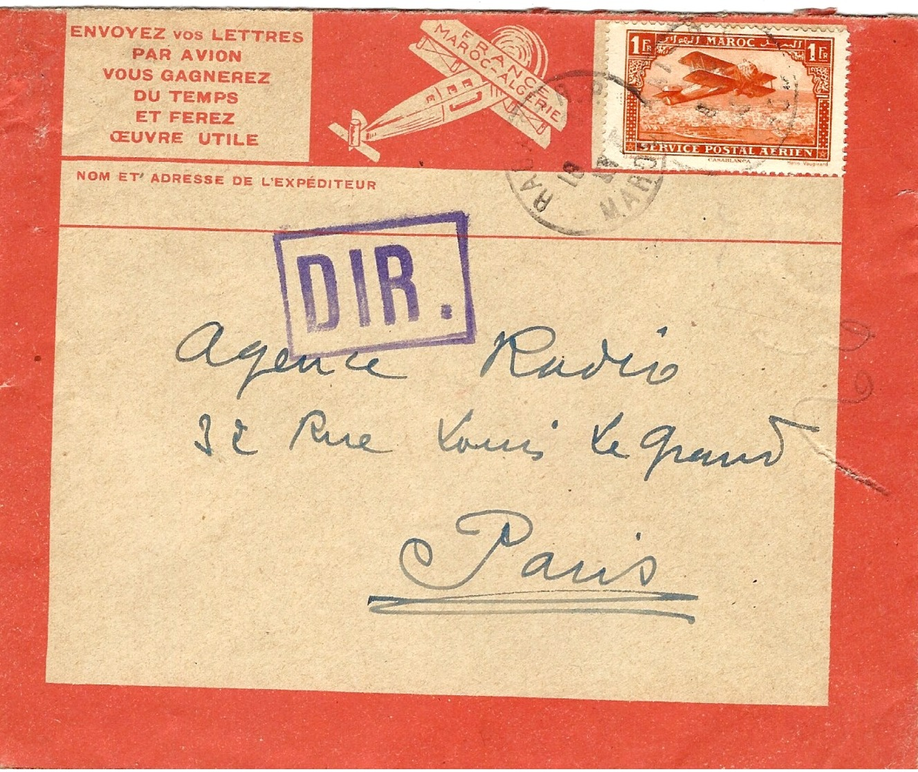 1923- Enveloppe Latécoaire  Affr. Avion 1 F.  + DIR. Encadré  - Au Dos,  Infos Concernant Les Vols - Briefe U. Dokumente